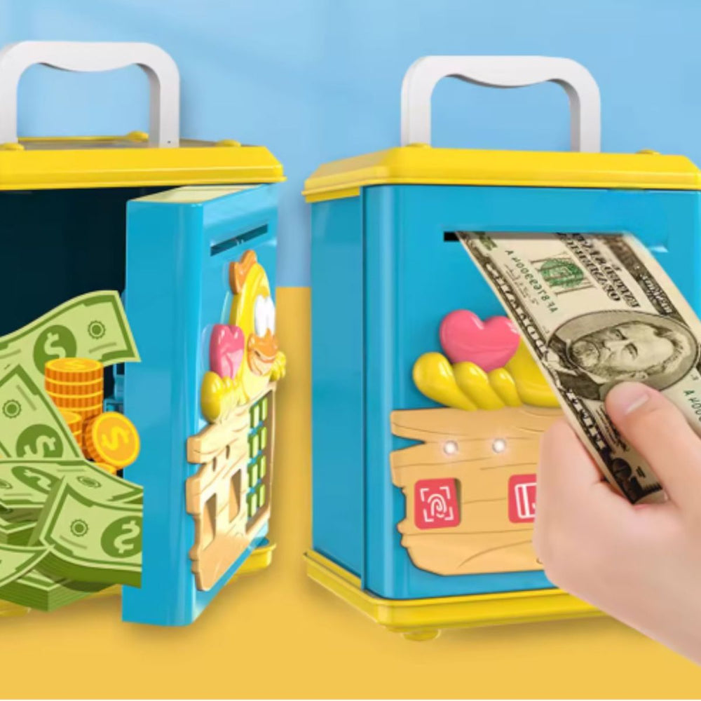 Pușculiță Electronică pentru Copii 21.5x13x12cm, cu Deblocare prin Amprentă Card și PIN Diferite Modele Engros
