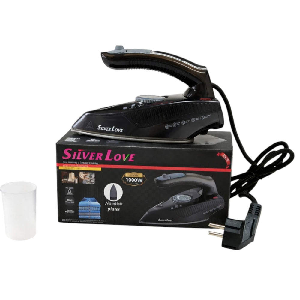 Fier de Călcat Silver Love PL-388, 1000W, 20.5x 8.5cm cu Abur și Uscat, Talpă Antiaderentă Rezervor Apă 80ml Engros