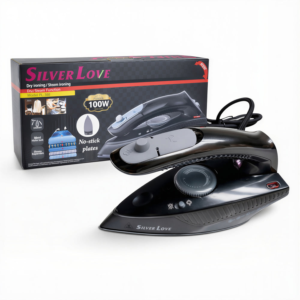Fier de Călcat Silver Love PL-388, 1000W, 20.5x 8.5cm cu Abur și Uscat, Talpă Antiaderentă Rezervor Apă 80ml Engros