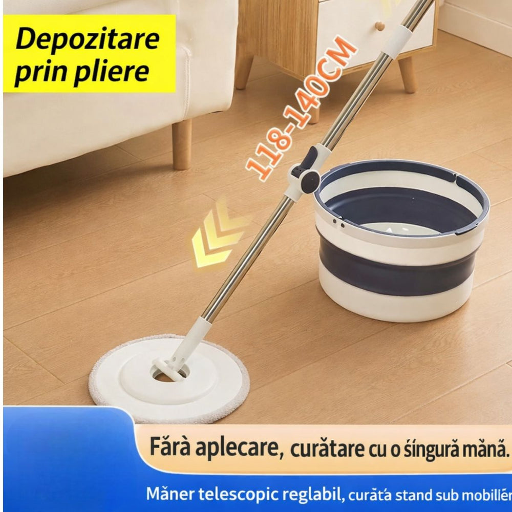 Mop Rotativ cu Mâner Telescopic 118–140cm si Găleată Pliabilă 32x19cm, Stoarcere prin Rotire din Plastic Engros