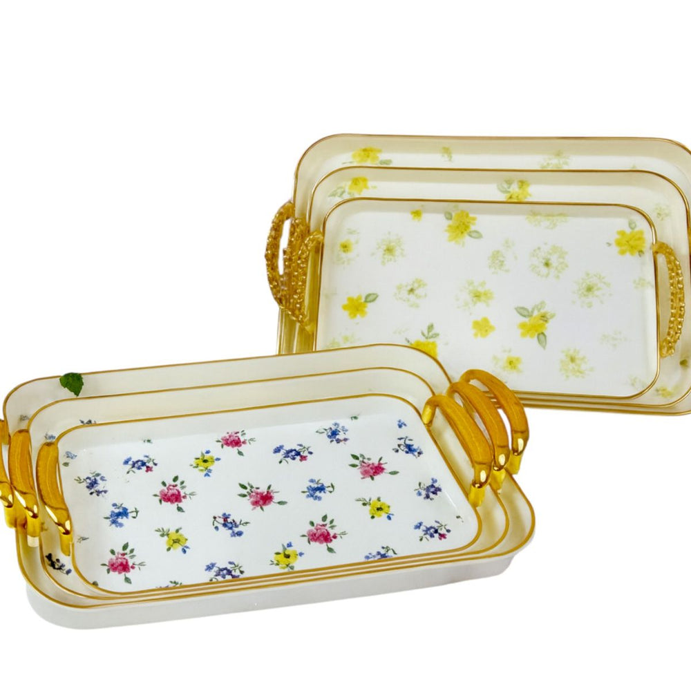 Tăvi Decorative 3/set din Plastic 42x30cm, Model Floral cu Mânere de Diferite Dimensiuni Engros