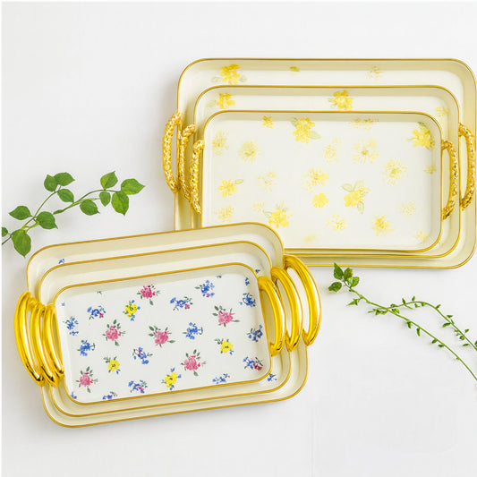 Tăvi Decorative 3/set din Plastic 42x30cm, Model Floral cu Mânere de Diferite Dimensiuni Engros