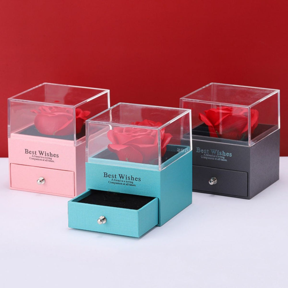 Trandafir Artificial 7x5cm din Spumă în Cutie 10x8.5cm, cu Capac Transparent cu Sertar Model Cadou Elegant Diferite Culori Engros