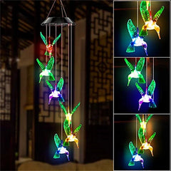 Lampa Solara LED 63cm cu Clopotel de Vant, Model cu 6 Colibri Verzi, din Plastic, Iluminare LED Multicoloră, Panou Solar si Agățătoare Inclusă