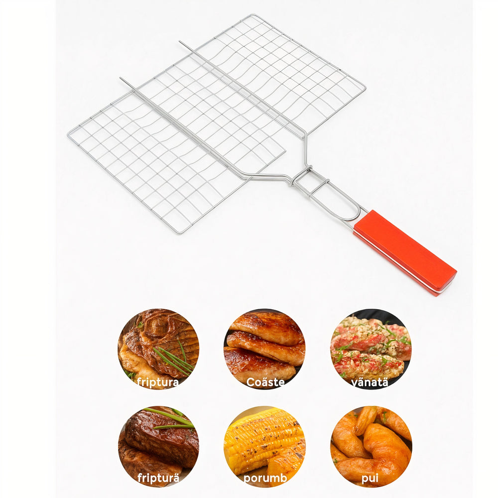 Grill Pliabil pentru Gratar 22x21cm, cu Maner din Lemn 21cm Engros