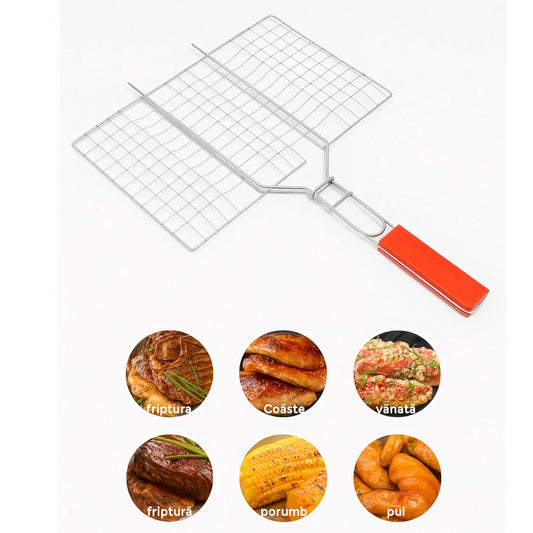 Grill Pliabil pentru Gratar 22x21cm, cu Maner din Lemn 21cm Engros