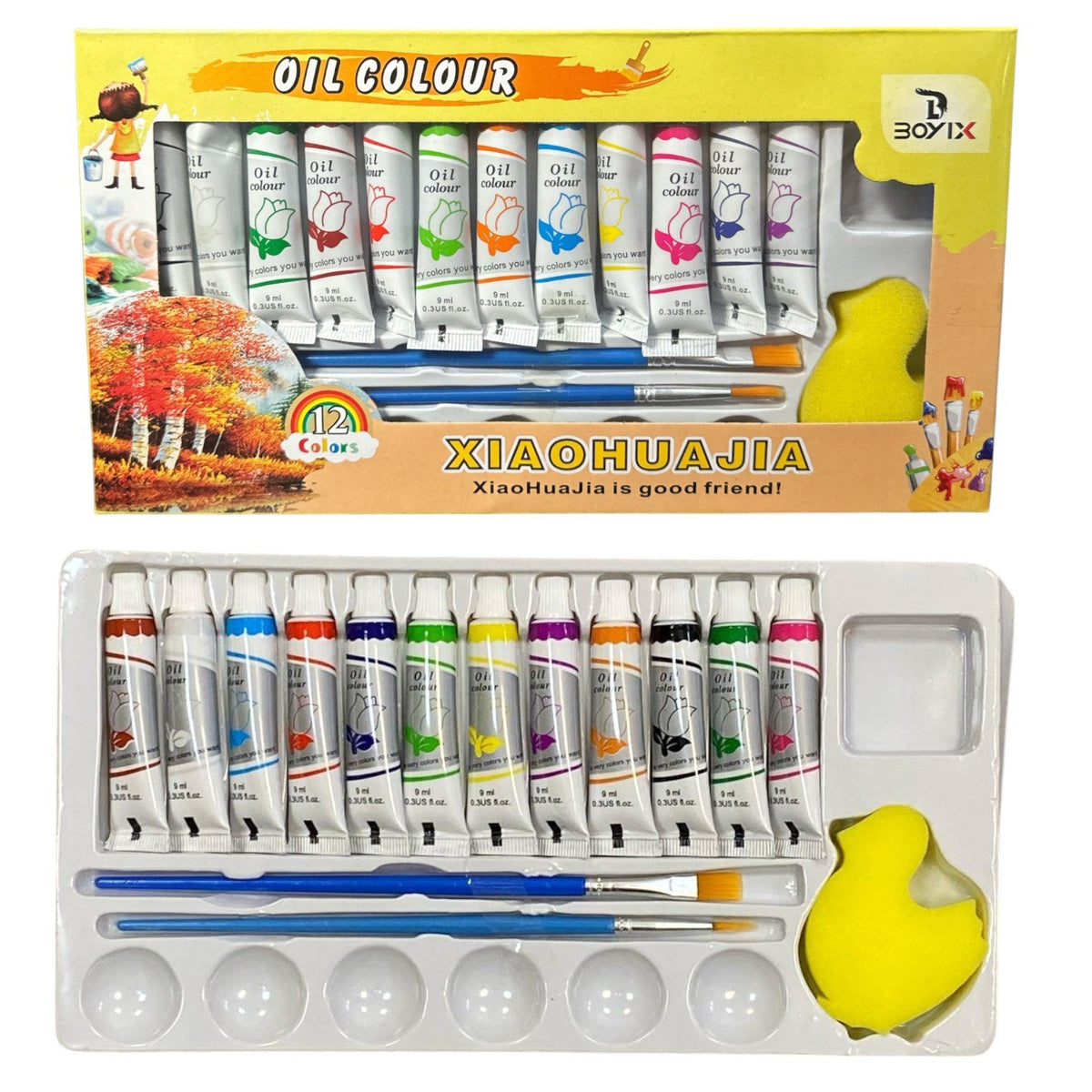 Tempera Acuarele la Tub 9ml pe Baza de Ulei 12/set Diferite Culori, cu Doua Pensule si un Buretel 6cm cu Suport Engros