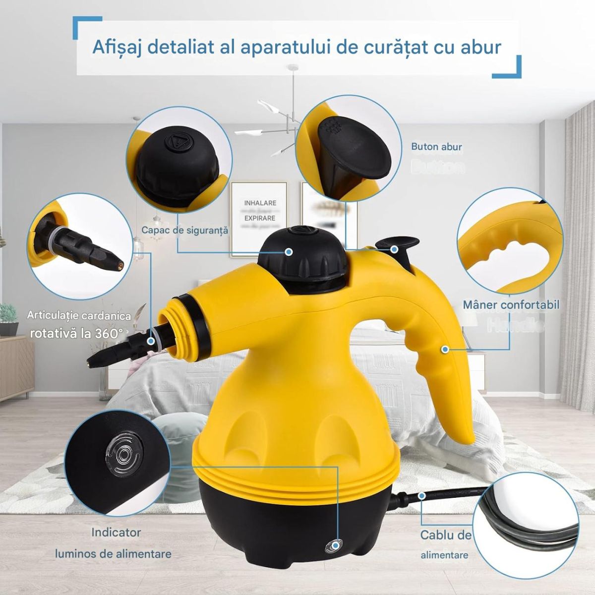 Aparat de Curățat cu Abur 28x12cm Portabil, Multifuncțional, cu 9 Accesorii pentru Curatat