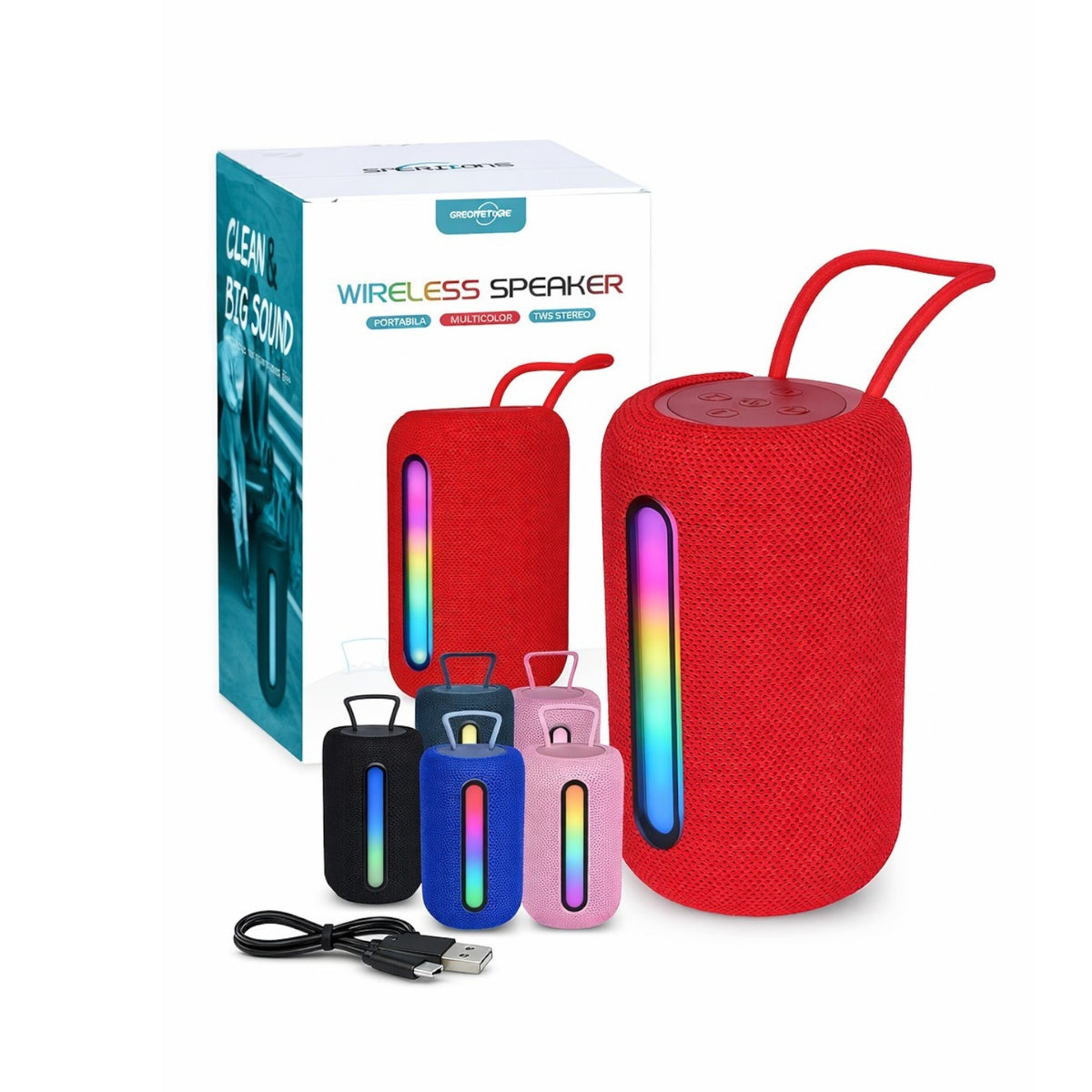 Boxă Bluetooth Portabilă 13cm, LED Multicolor RGB, cu Agățătoare, Alimentare USB, Diferite Culori