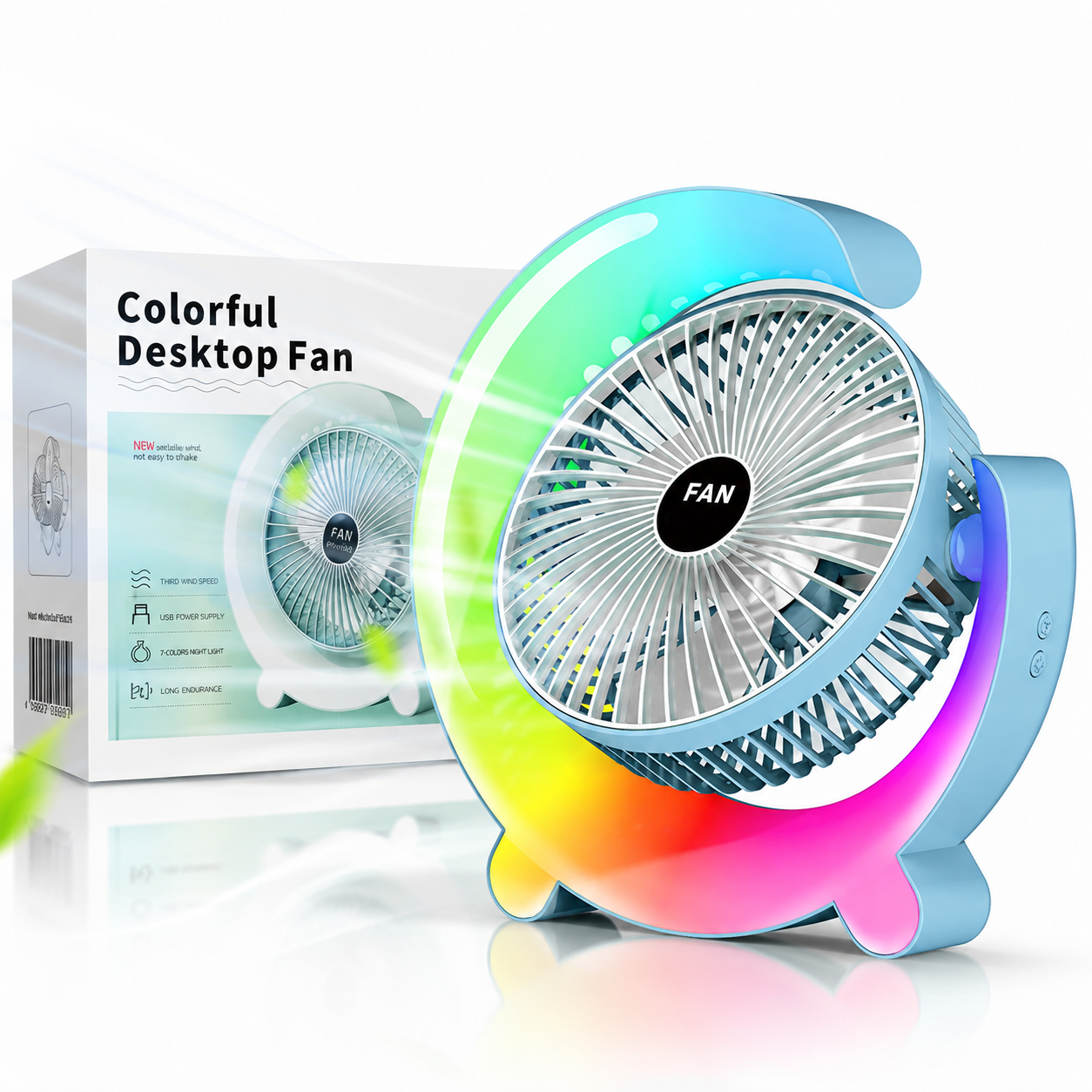 Ventilator Portabil 24cm cu Iluminare LED Multicolora, 3 Trepte de Viteză, Rotire Reglabilă, USB, Diferite Culori