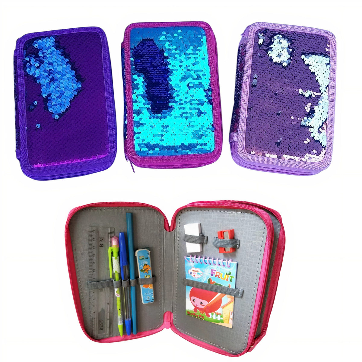Penar pentru Scoala, 20x12cm cu 2 Fermoare, cu Paiete, Reversibil, Neechipat, Diferite Culori Engros