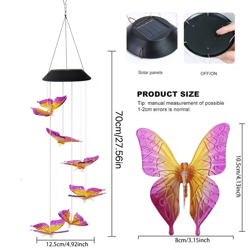 Lampa Solara LED 70cm cu Clopotel de Vant, Model cu 6 Fluturasi Multicolori, Panou Solar si Agățătoare Inclusă din Plastic