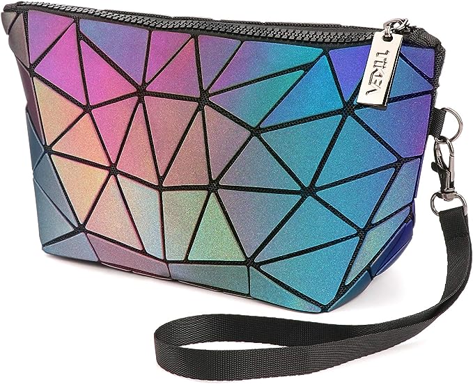 Geanta portfard dama holografic luminos cu triunghiuri multicolore