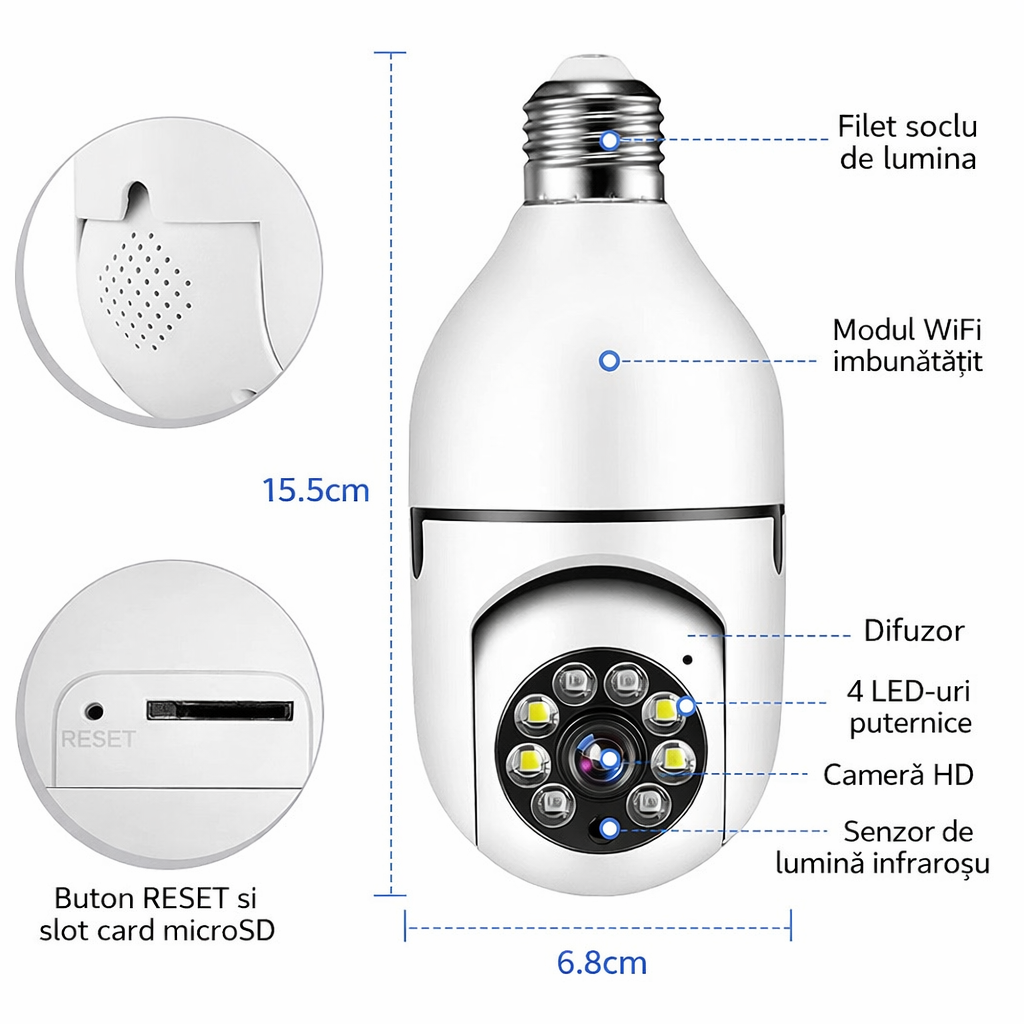 Cameră Supraveghere Wi-Fi Panoramică Tip Bec E27 cu Filet, Rotire 360°, o Singură Unitate de Supraveghere, Vedere Nocturnă LED 15.5cm, Audio Bidirecțional, Control prin Telefon&nbsp;
