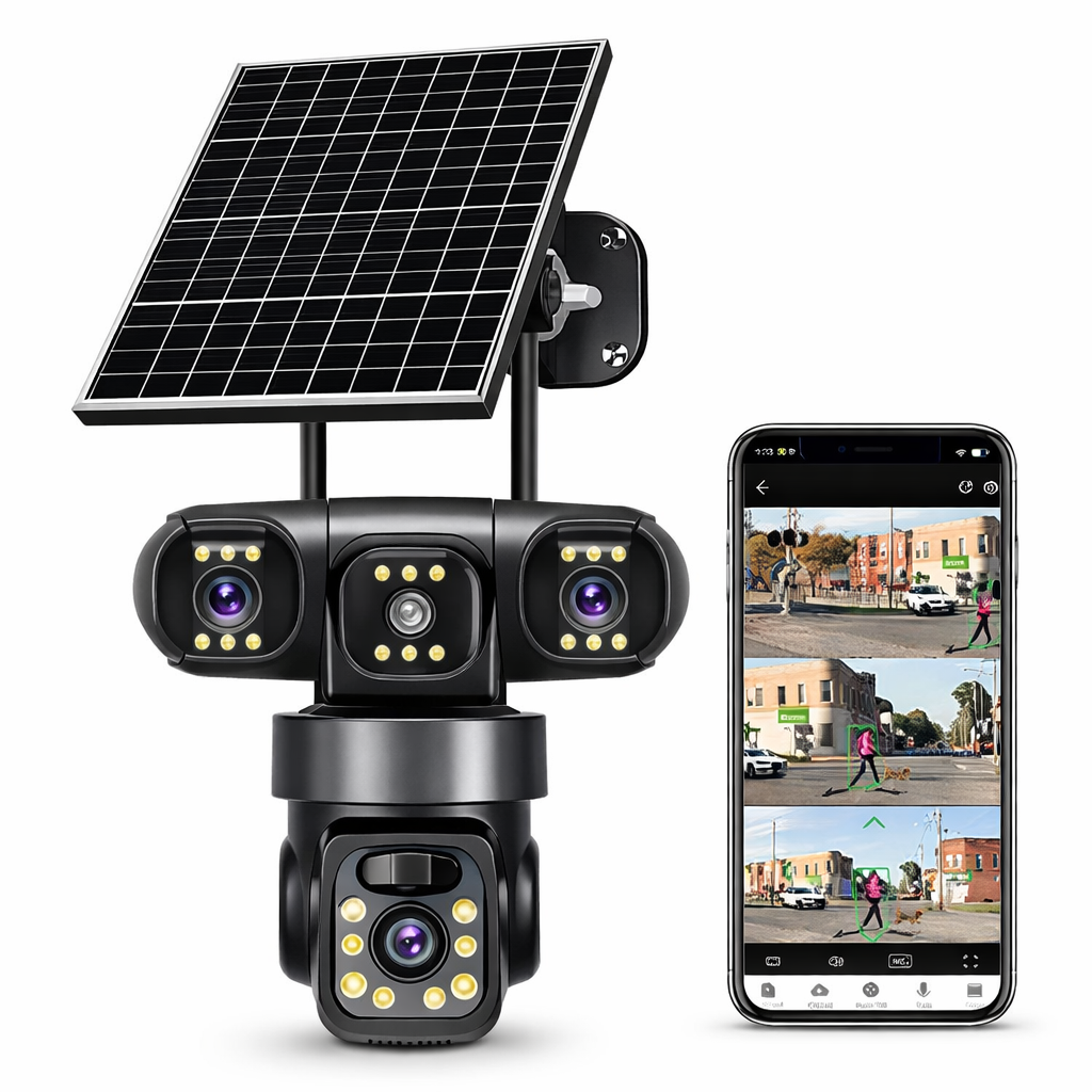 Cameră Supraveghere 4G Solară, 4 Camere Reale 360°, cu SIM, Panou Solar, 20cm, Vedere Nocturnă Color, Audio Bidirecțional, Senzor Mișcare, Control prin Telefon&nbsp;