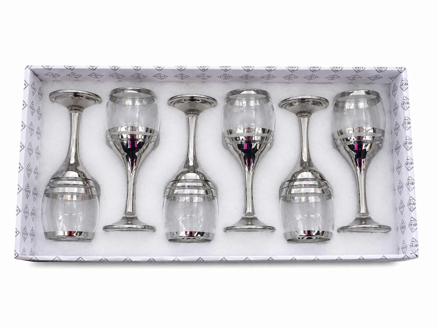 Pahar cu Picior 6/set, din Sticlă 18cm, Model Argintiu cu Dungi Decorative, Transparent