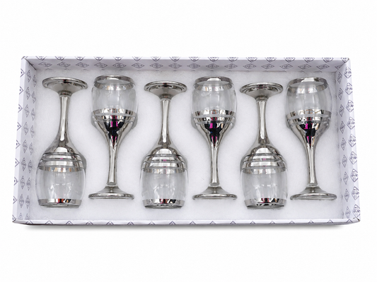 Pahar cu Picior 6/set, din Sticlă 18cm, Model Argintiu cu Dungi Decorative, Transparent