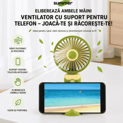 Ventilator Portabil cu Suport Telefon 19x9cm, USB, 3 Viteze, din Plastic, Diferite Culori