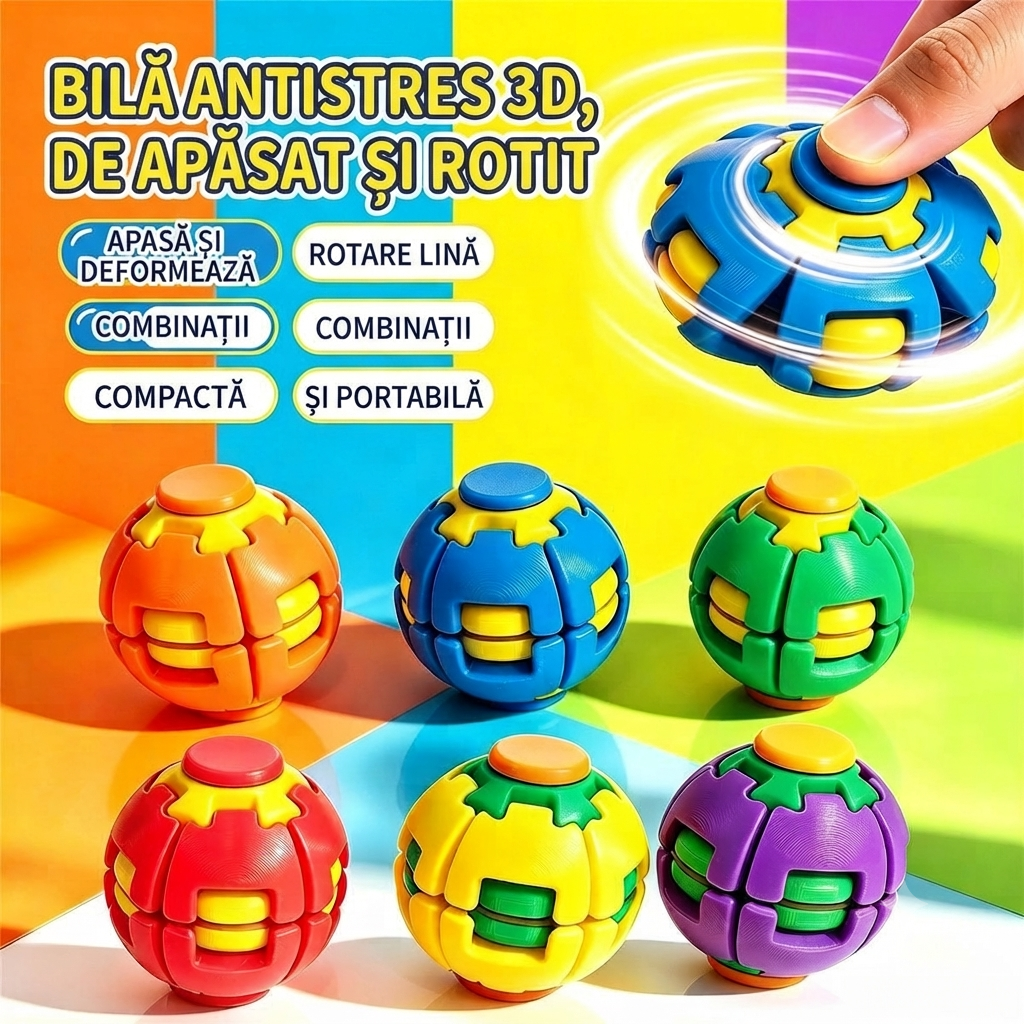 Minge Spinner Antistres 3D, 5.5cm, Fingertip Gyro cu Rotire Automată și Buton de Apăsare, Diferite Culori