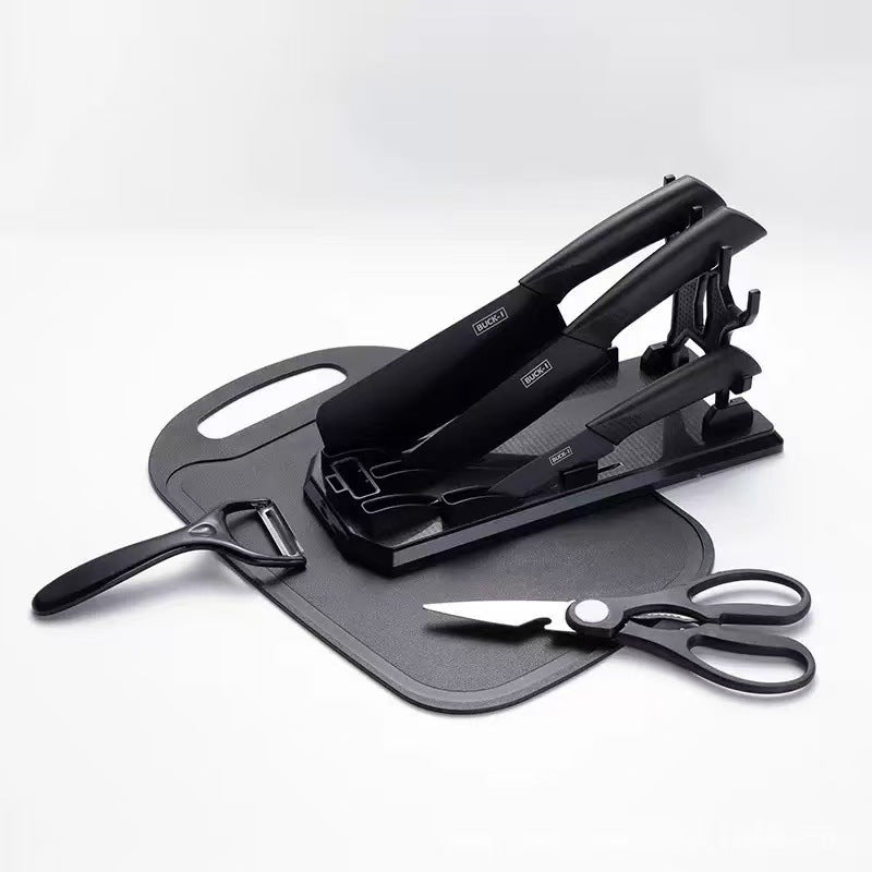 Set Bucătărie 7 Piese cu Tocător, Cuțite și Foarfecă, Suport Inclus, Oțel Inoxidabil, Mânere Ergonomice, Model Profesional