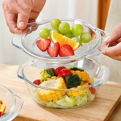 Vas Rotund 18x8.5cm cu Capac, din Sticlă Termorezistentă 1L, pentru Cuptor și Gătit, Model Transparent