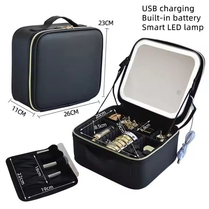 Geantă Organizator Machiaj cu Oglindă LED, 26x23x11cm, Compartimentare Reglabilă, Reîncărcabilă USB, Diferite Culori