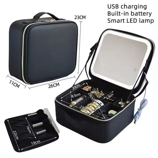 Geantă Organizator Machiaj cu Oglindă LED, 26x23x11cm, Compartimentare Reglabilă, Reîncărcabilă USB, Diferite Culori