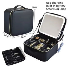 Geantă Organizator Machiaj cu Oglindă LED, 26x23x11cm, Compartimentare Reglabilă, Reîncărcabilă USB, Diferite Culori
