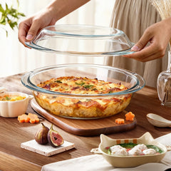 Vas Rotund 20.5x9cm cu Capac, din Sticlă Termorezistentă 1.5L, pentru Cuptor și Gătit, Model Transparent