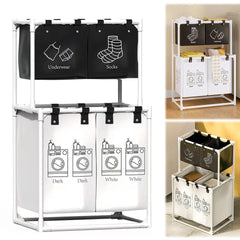 Coș Rufe 2 Niveluri 95x55x25cm, Organizator Haine cu 3 Compartimente, Structură Metalică&nbsp;