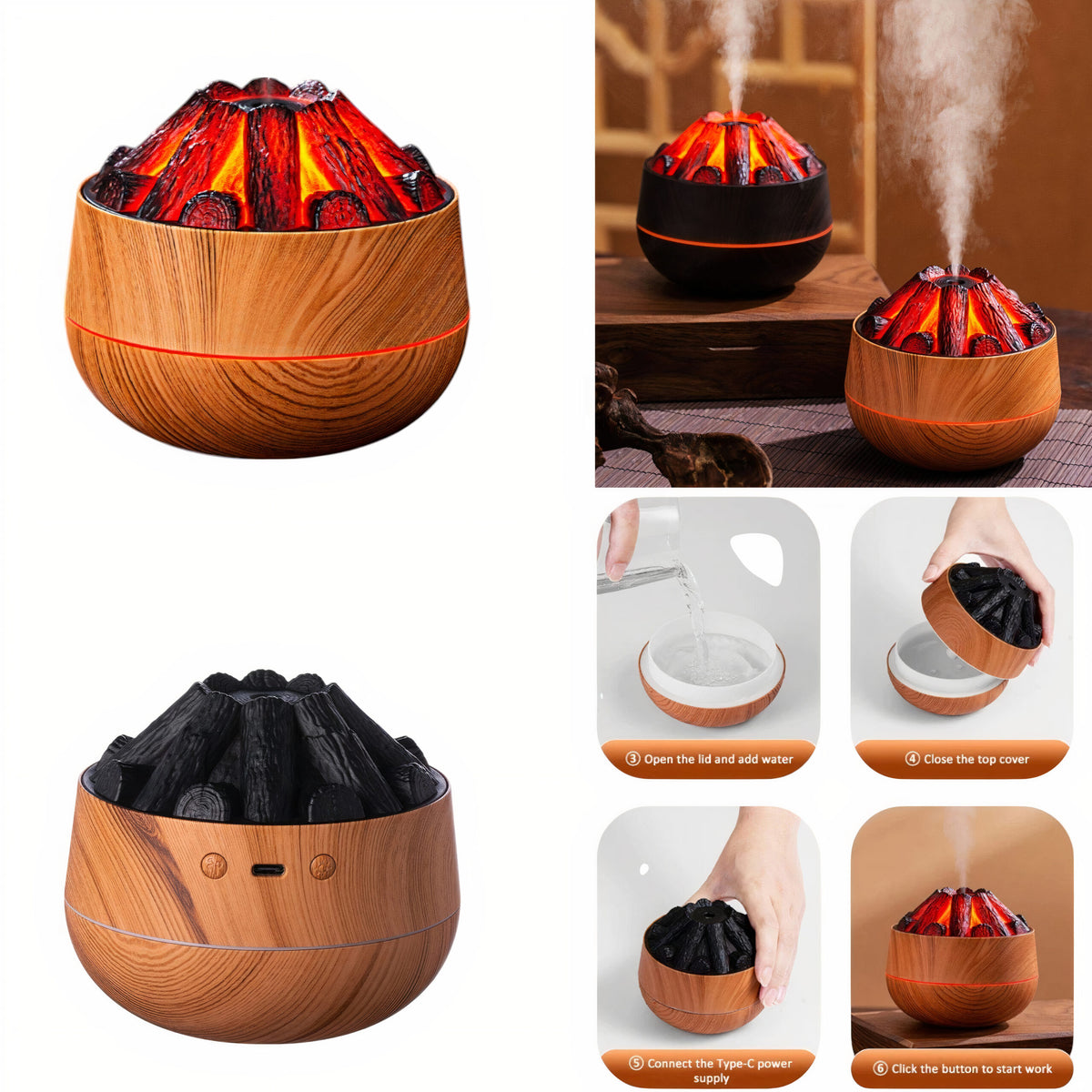 Umidificator 200ml Model Carbune, Difuzor cu Aroma USB Engros