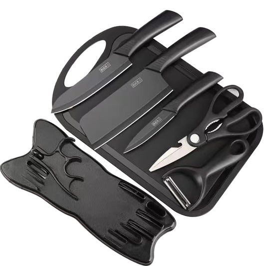 Set Bucătărie 7 Piese cu Tocător, Cuțite și Foarfecă, Suport Inclus, Oțel Inoxidabil, Mânere Ergonomice, Model Profesional