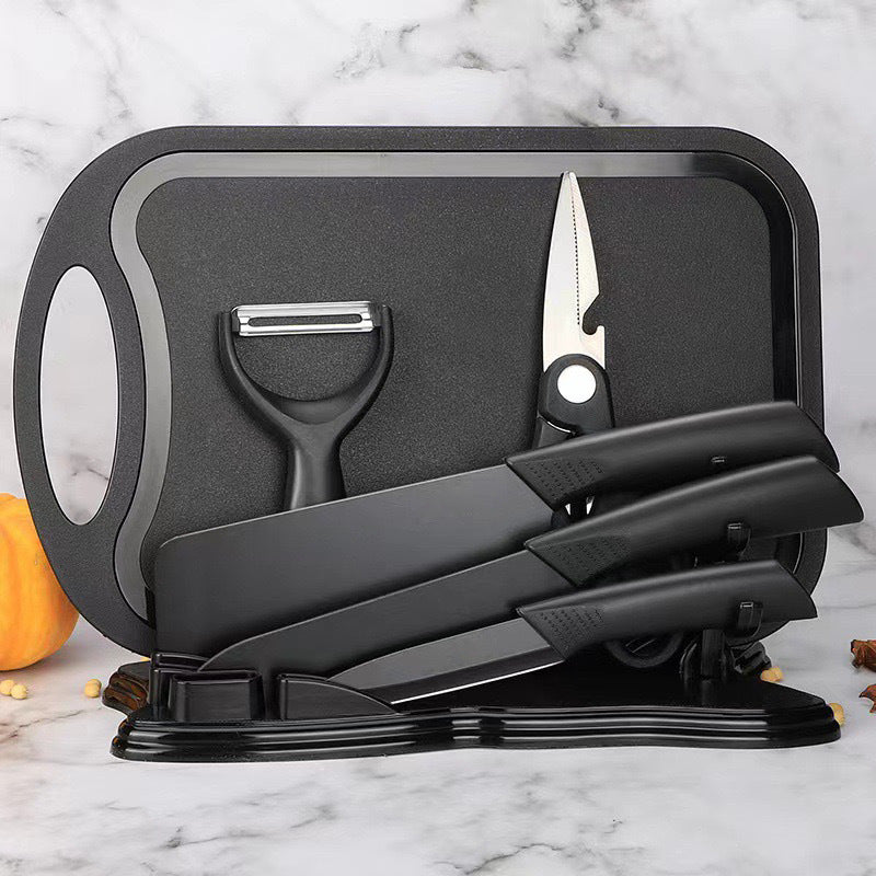 Set Bucătărie 7 Piese cu Tocător, Cuțite și Foarfecă, Suport Inclus, Oțel Inoxidabil, Mânere Ergonomice, Model Profesional