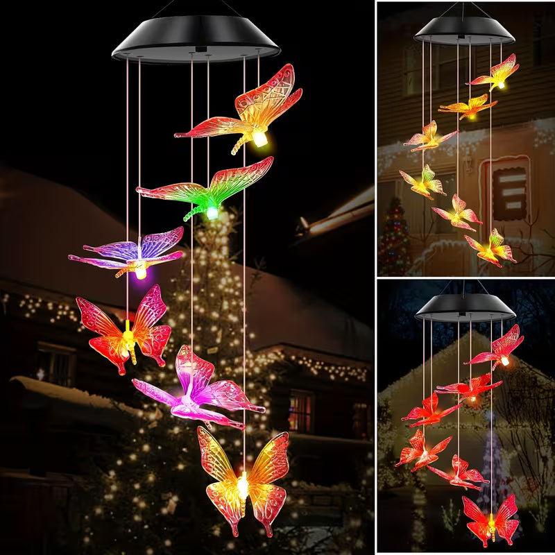 Lampa Solara LED 70cm cu Clopotel de Vant, Model cu 6 Fluturasi Multicolori, Panou Solar si Agățătoare Inclusă din Plastic