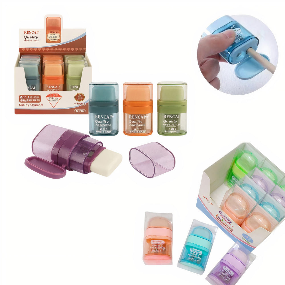 Ascuțitoare 2 în 1 cu Gumă de Șters 12/set, Dreptunghiulară Rotunjită cu Sclipici 7cm Diferite Culori Engros