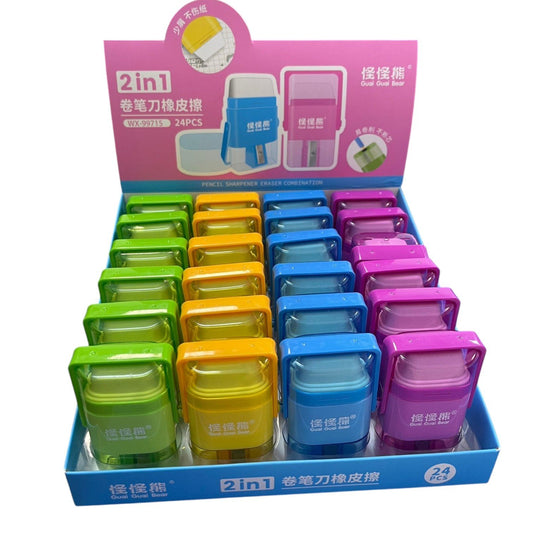 Ascutitori Colorate 16/Set, cu Guma de Sters, Forma Dreptunghiulara cu Container, 9 cm Engros