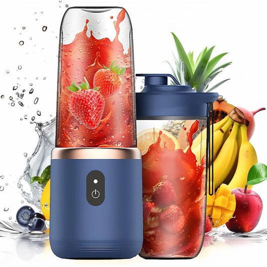 Blender Portabil 19.5x8.5cm, Reîncărcabil 400ml cu 2 Căni și Capace 15x8cm, Mixer Smoothie cu Acumulator USB, pentru Fructe si Legume