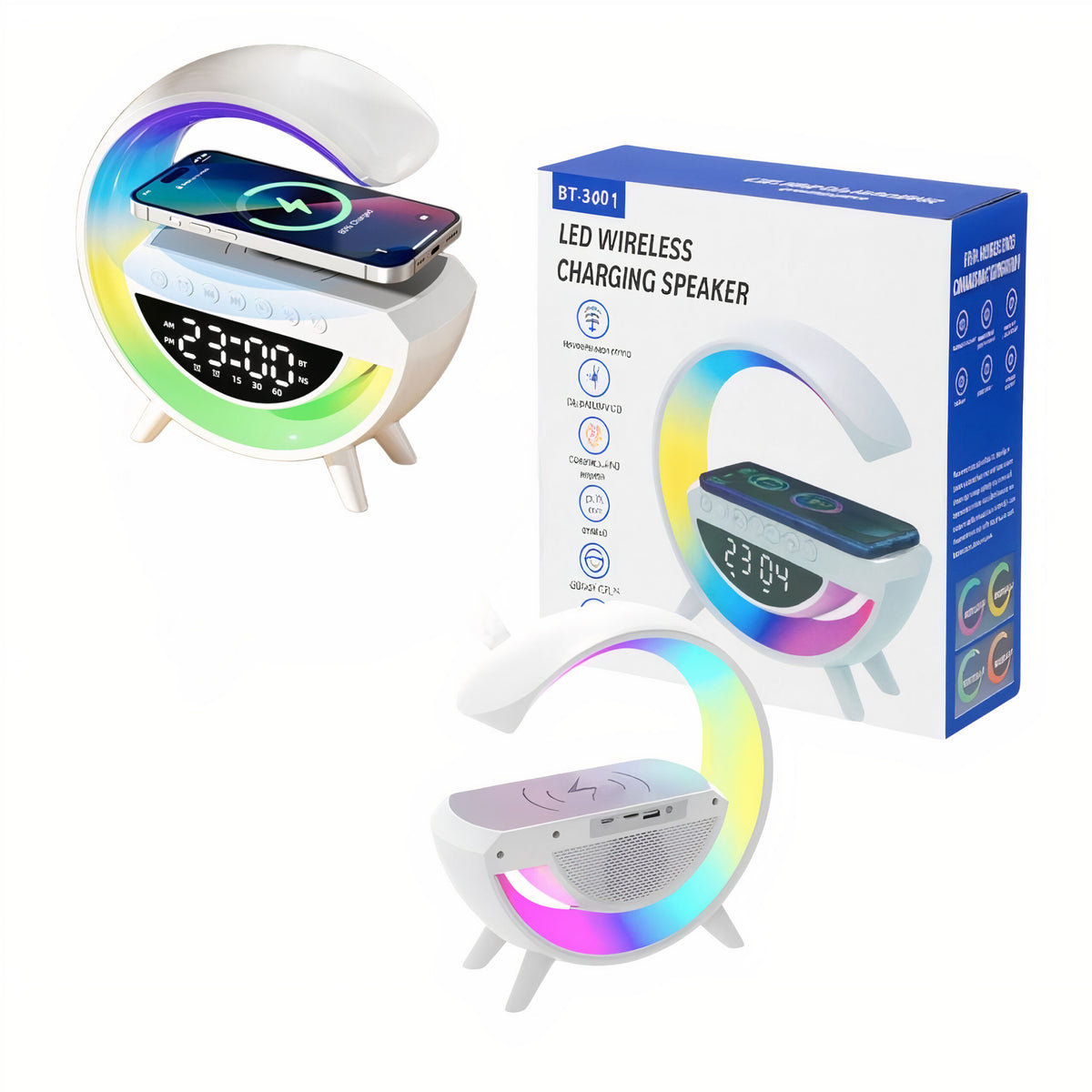 Boxă Portabilă 4 în 1 cu Iluminare LED Multicoloră 24x23x8cm, Ceas Digital Radio FM Microfon și Încărcare Wireless Engros