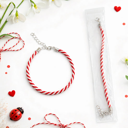 Brățară Mărțișor 50/set Roșu-Alb Împletită 22cm, Ambalată Individual cu Închidere Metalică și Lanț de Ajustare