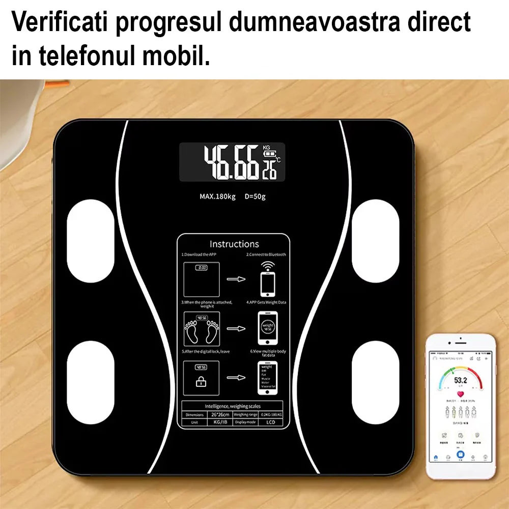 Cântar Inteligent 26x26cm cu Conectare Bluetooth, Analiză Corporală Completă și Aplicație Mobilă, Afișaj LCD