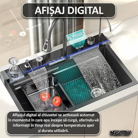 Chiuveta multifunctionala JML cu 2 cascade cu accesorii incluse, afisaj digital a temperaturii si robinet cascada, culoare negru grafit, dimensiune 750x460mm