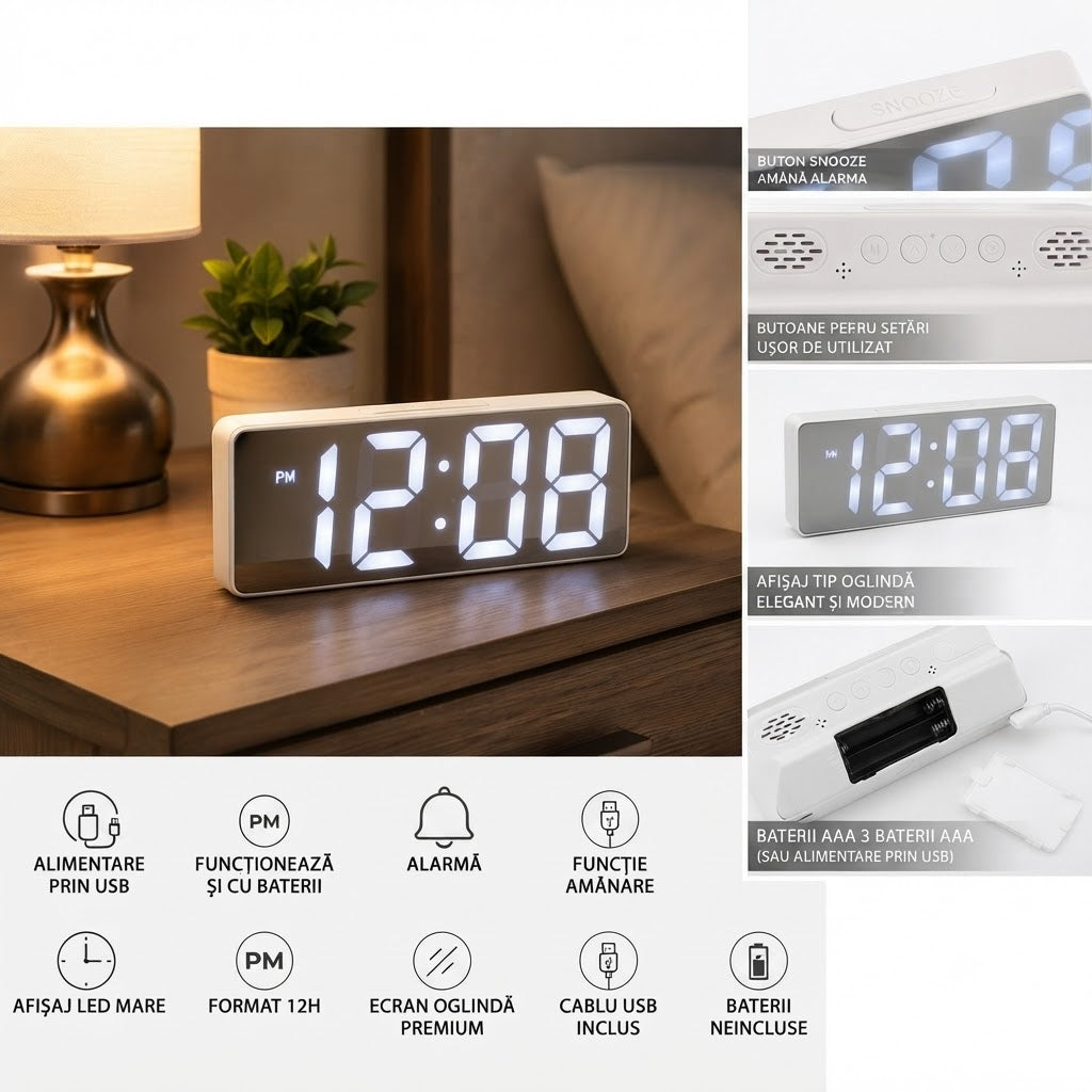 Ceas Digital LED 15×6.5cm, Afișaj Oglinda cu Cifre Mari, Alarmă cu Funcție Amanare, Alimentare prin USB sau Baterii&nbsp;