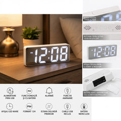 Ceas Digital LED 15×6.5cm, Afișaj Oglinda cu Cifre Mari, Alarmă cu Funcție Amanare, Alimentare prin USB sau Baterii&nbsp;