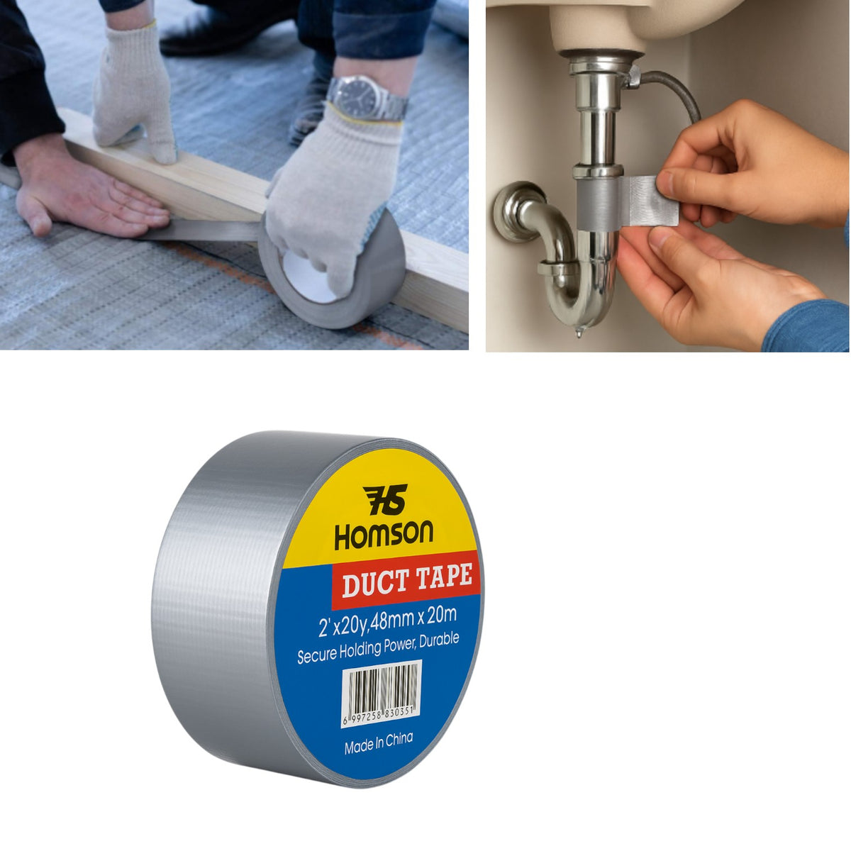 Bandă Adezivă Tip Duct Tape 48mmx20m Homson, Gri Metalizat, pentru Reparații, Fixare și Izolare
