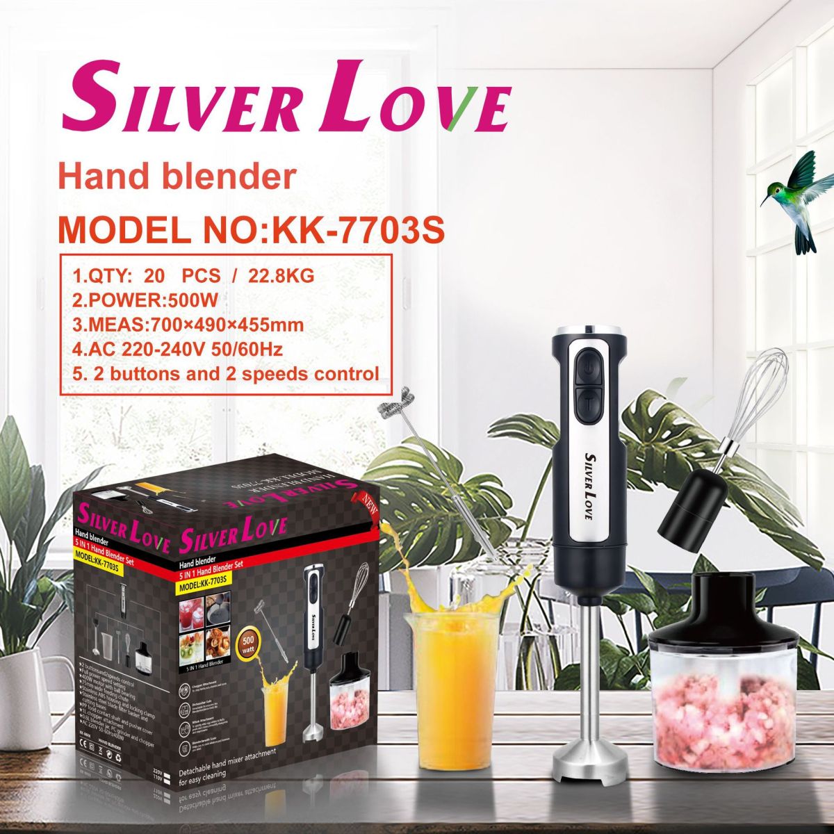Blender Vertical 35cm, Silver Love 5 în 1. 500W cu Accesorii Engros
