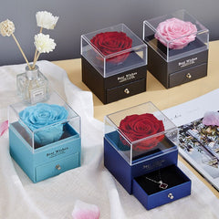 Trandafir Artificial 7x5cm din Spumă în Cutie 10x8.5cm, cu Capac Transparent cu Sertar Model Cadou Elegant Diferite Culori Engros