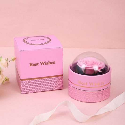 Cutie Cadou Rotundă cu Trandafir din Săpun sub Cupolă Transparentă, 11x10 cm cu Sertar pentru Bijuterii Diferite Culori Engros