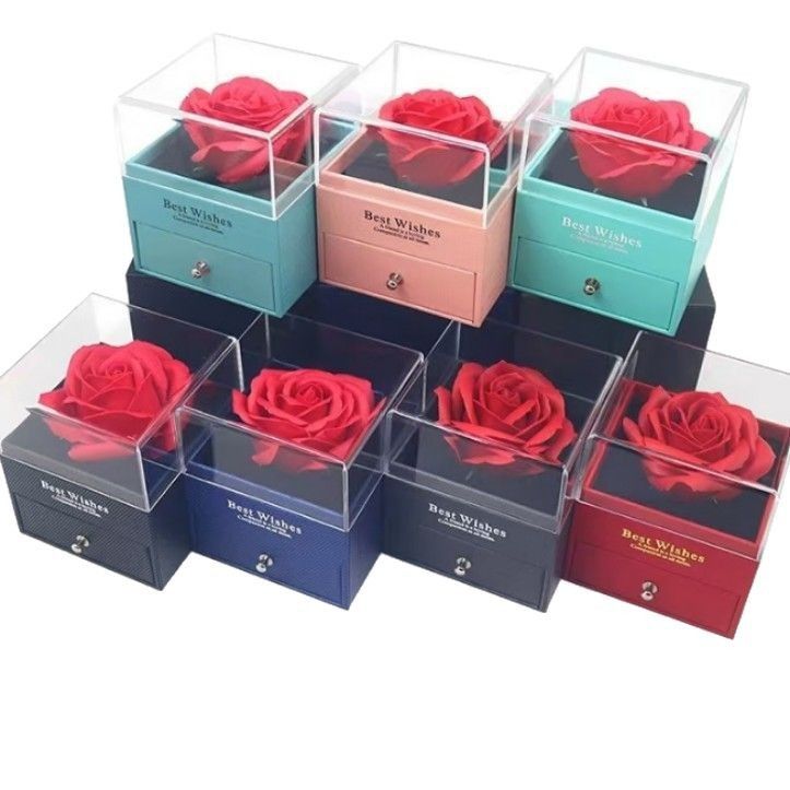 Trandafir Artificial 7x5cm din Spumă în Cutie 10x8.5cm, cu Capac Transparent cu Sertar Model Cadou Elegant Diferite Culori Engros