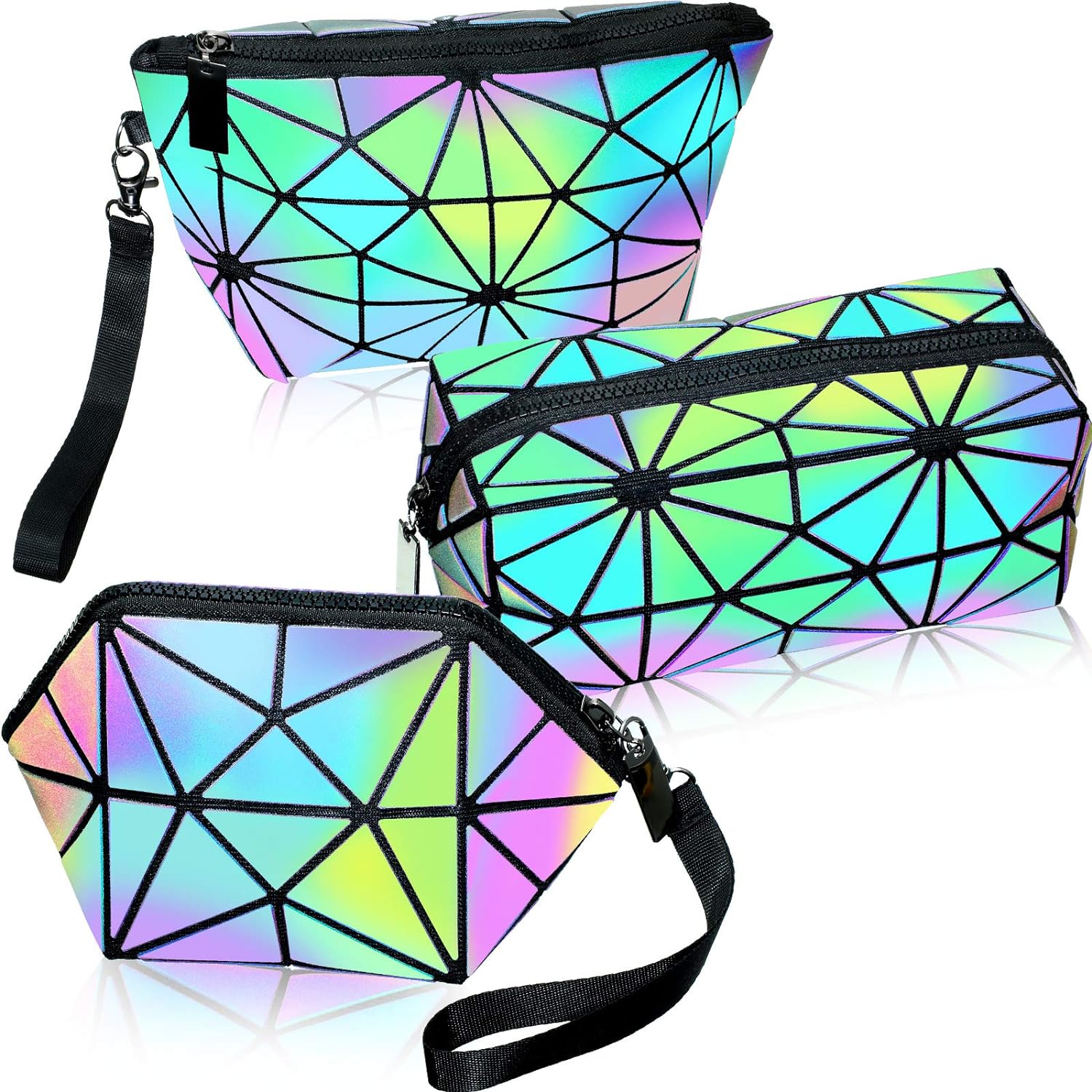 Geanta portfard dama holografic luminos cu triunghiuri multicolore