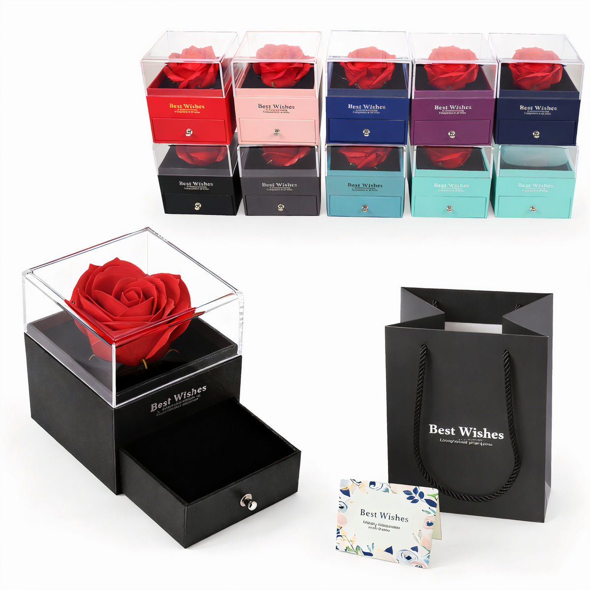 Trandafir Artificial 7x5cm din Spumă, în Cutie cu Sertar 10x8.5cm, cu Pungă de Cadou și Cartonaș Mesaj, Diferite Culori Engros